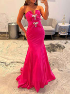 Hot Pink Satin Strapless Bow Embellished Mermaid Prom Dress With Crystal Details