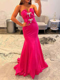 Hot Pink Satin Strapless Bow Embellished Mermaid Prom Dress With Crystal Details