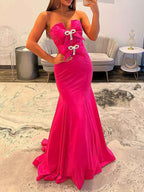 Hot Pink Satin Strapless Bow Embellished Mermaid Prom Dress With Crystal Details