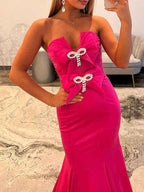 Hot Pink Satin Strapless Bow Embellished Mermaid Prom Dress With Crystal Details