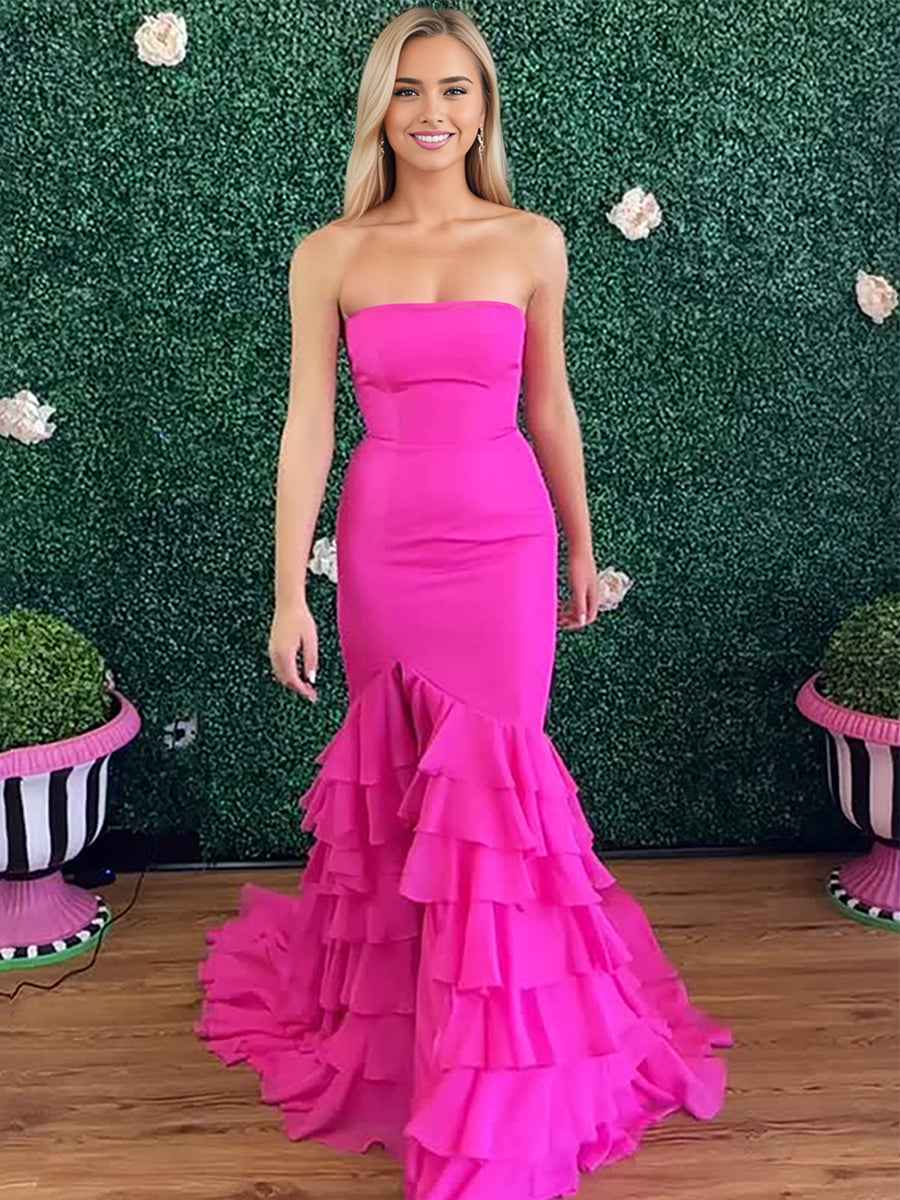 Hot Pink Strapless Mermaid Prom Dress With Cascading Ruffles