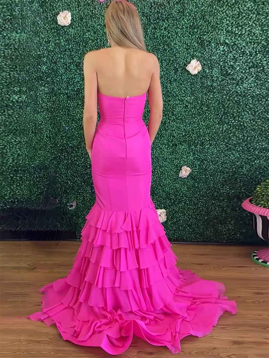 Hot Pink Strapless Mermaid Prom Dress With Cascading Ruffles