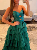 Hot Pink Strapless Cutout Tiered Ruffle Prom Dress With Slit
