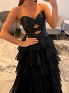 Hot Pink Strapless Cutout Tiered Ruffle Prom Dress With Slit