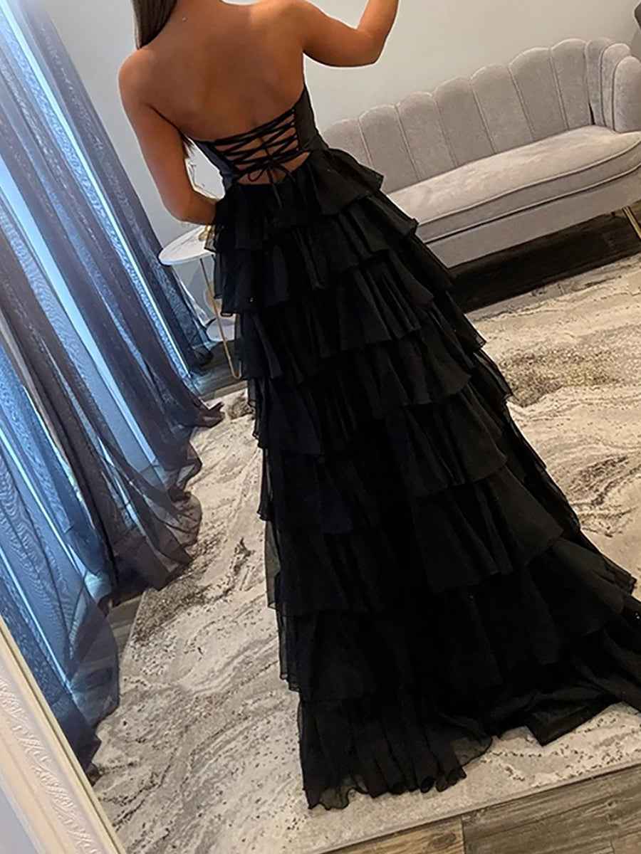 Hot Pink Strapless Cutout Tiered Ruffle Prom Dress With Slit