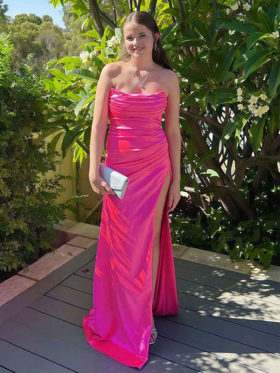 Strapless Hot Pink Ruched Satin Prom Dress With High Slit