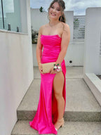 Strapless Hot Pink Ruched Satin Prom Dress With High Slit
