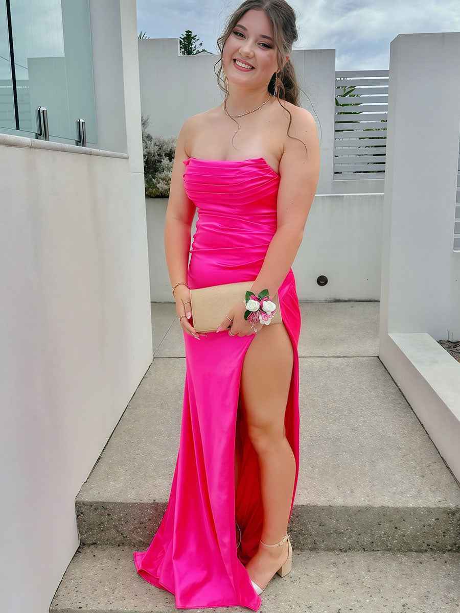 Strapless Hot Pink Ruched Satin Prom Dress With High Slit