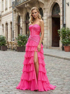 Hot Pink Strapless Ruffled Corset Prom Dress With Side Slit