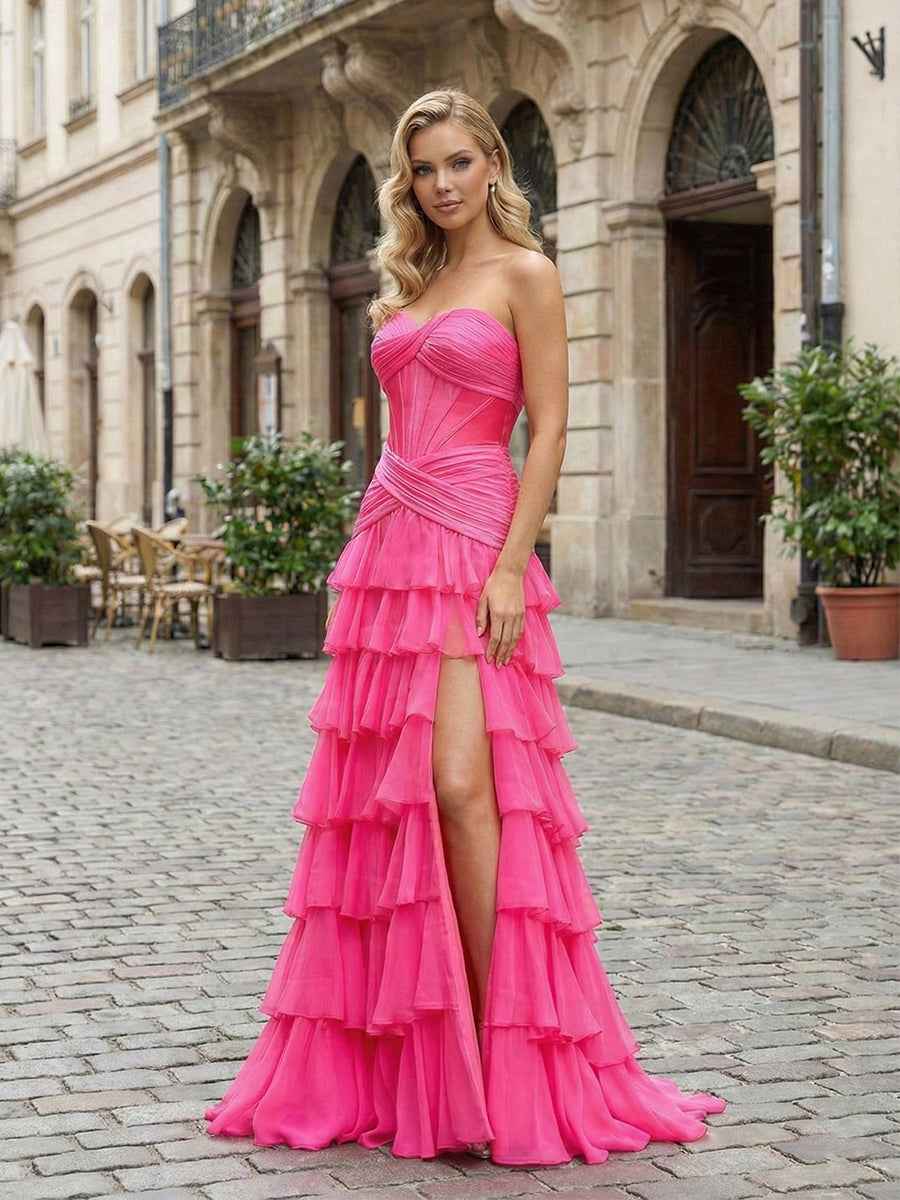 Hot Pink Strapless Ruffled Corset Prom Dress With Side Slit