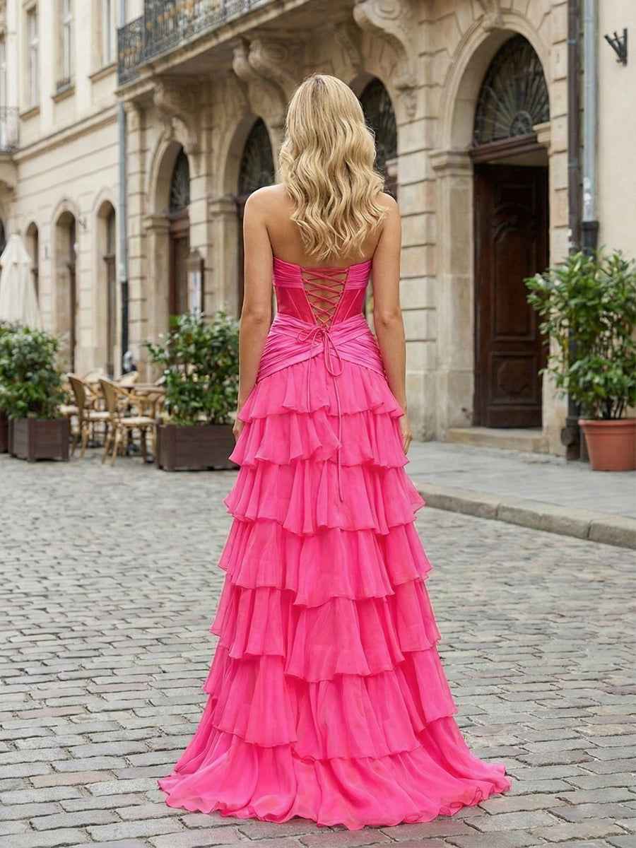 Hot Pink Strapless Ruffled Corset Prom Dress With Side Slit