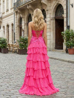 Hot Pink Strapless Ruffled Corset Prom Dress With Side Slit