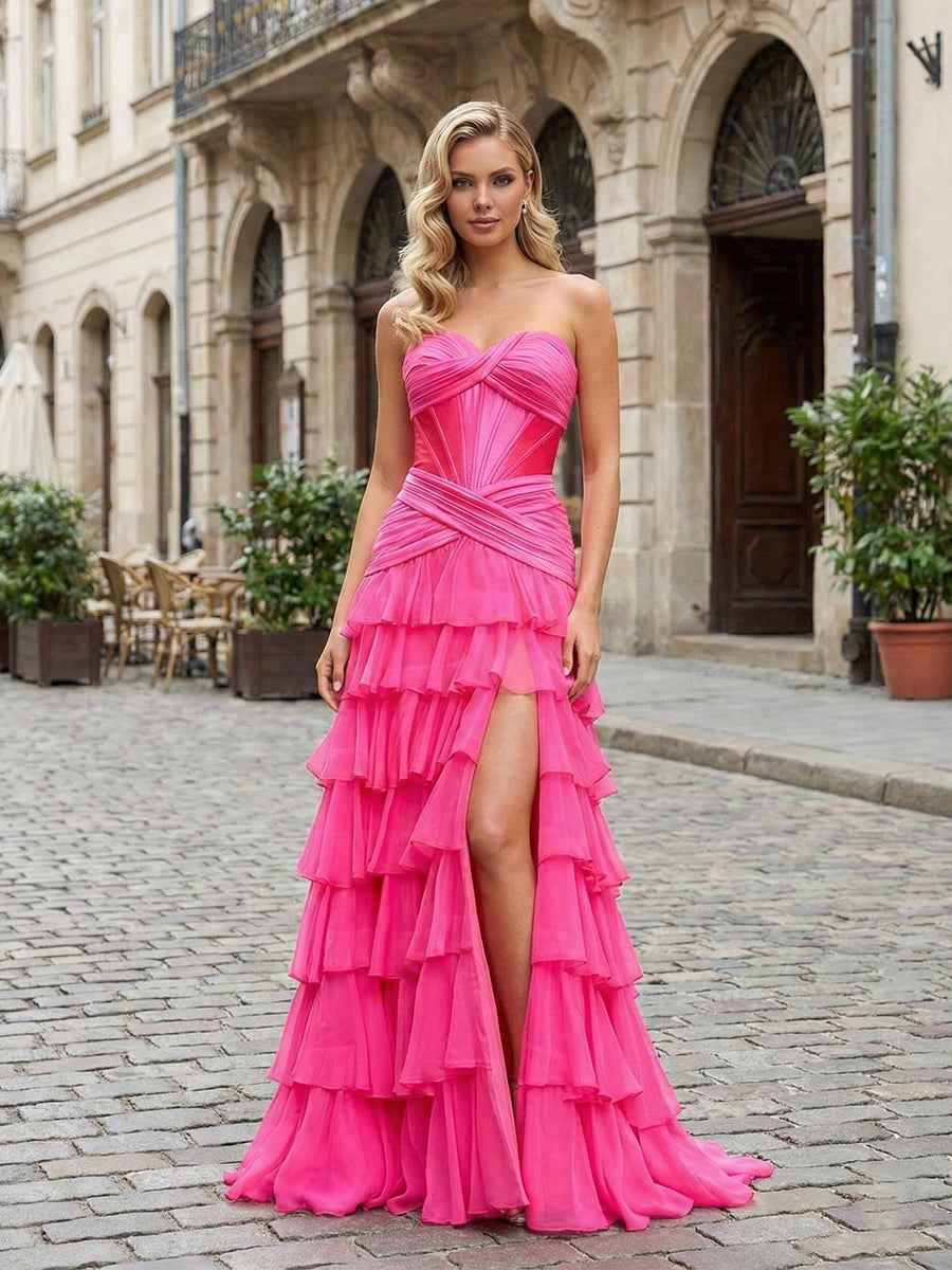 Hot Pink Strapless Ruffled Corset Prom Dress With Side Slit
