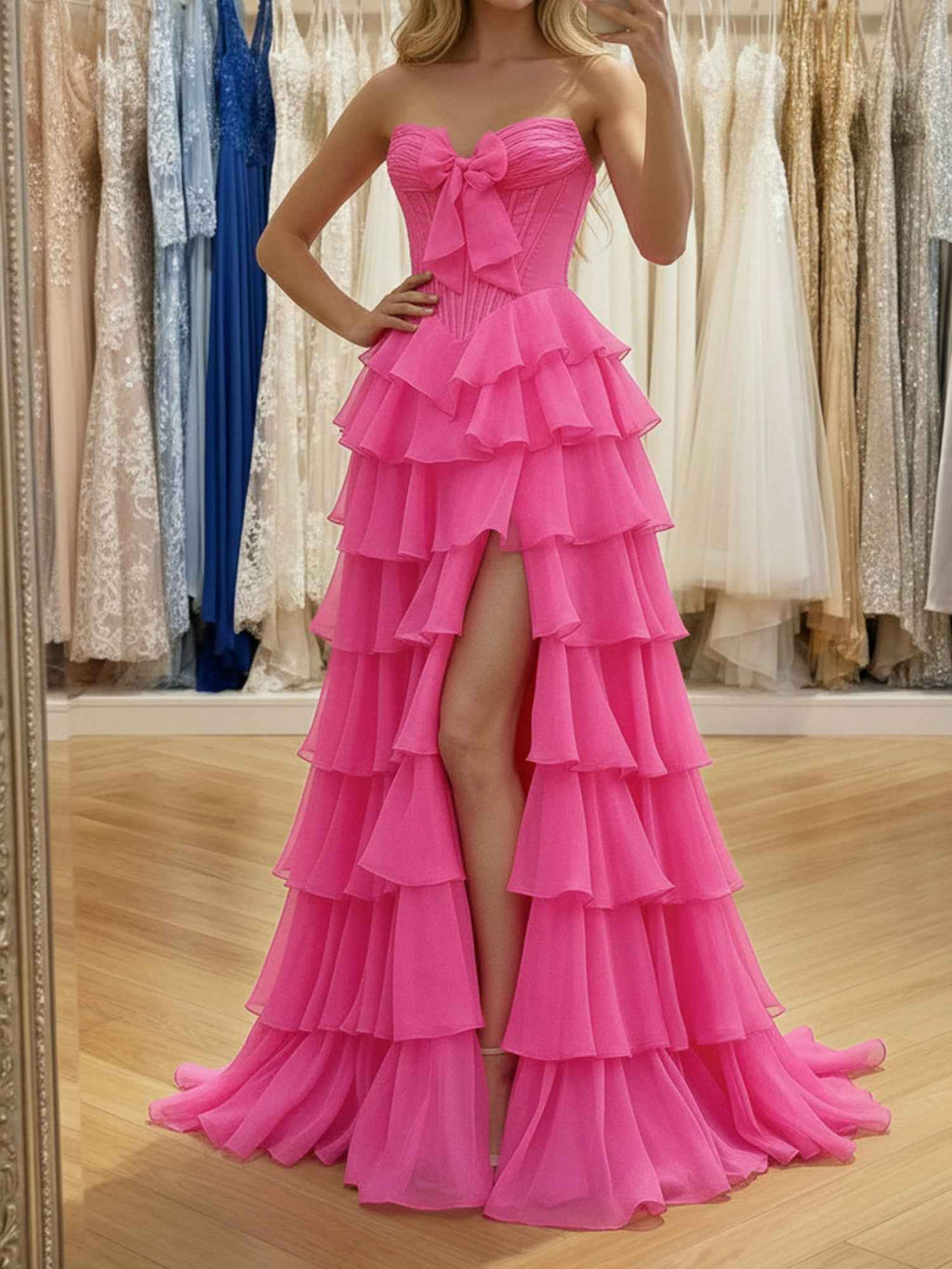 Hot Pink Strapless Prom Dress With Tiered Ruffles And Corset Bodice Slit