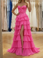 Hot Pink Strapless Prom Dress With Tiered Ruffles And Corset Bodice Slit