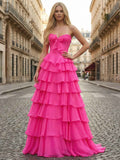 Hot Pink Strapless Prom Dress With Tiered Ruffles And Corset Bodice Slit