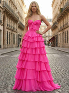 Hot Pink Strapless Prom Dress With Tiered Ruffles And Corset Bodice Slit