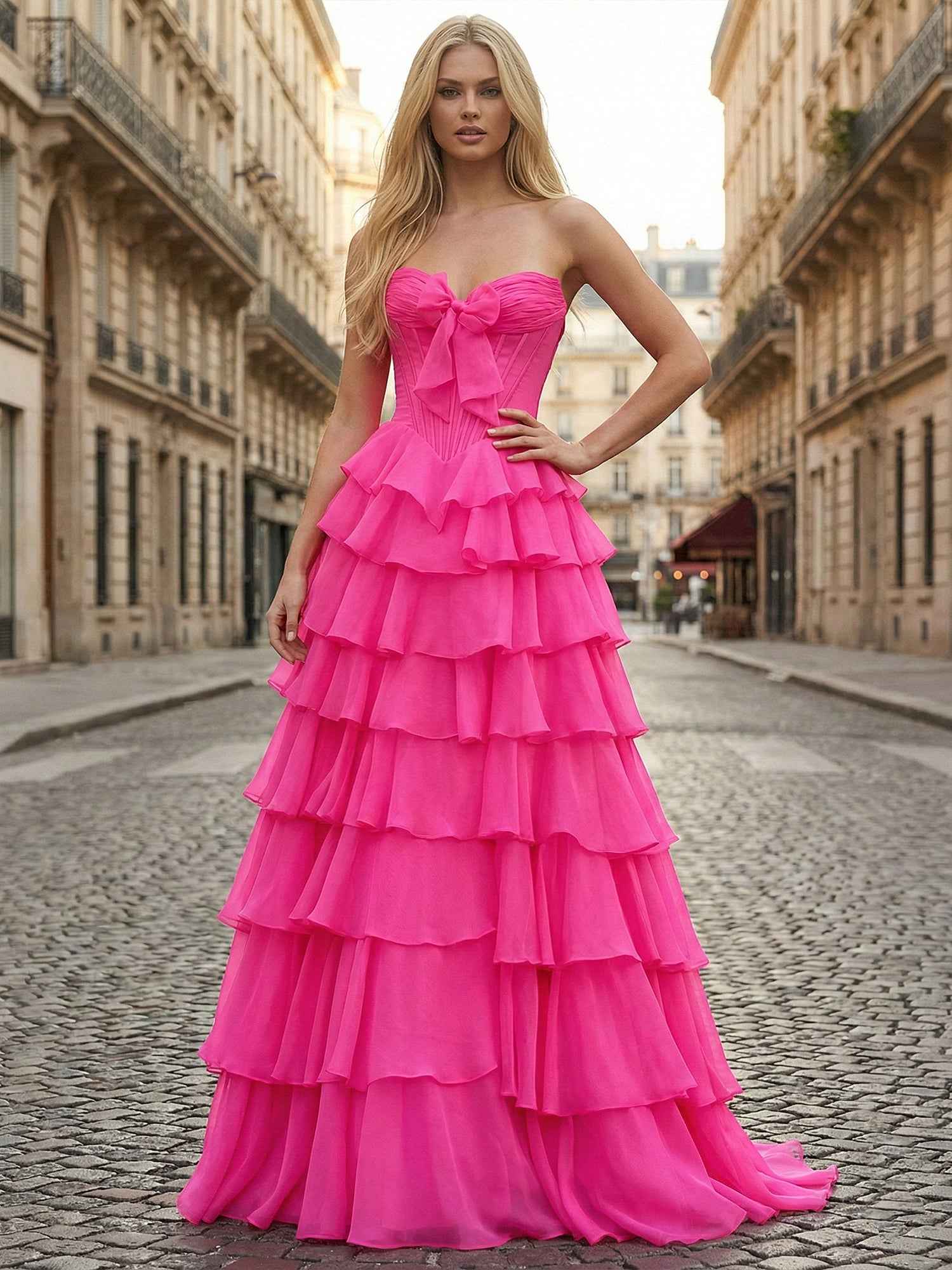 Hot Pink Strapless Prom Dress With Tiered Ruffles And Corset Bodice Slit