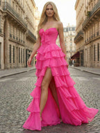 Hot Pink Strapless Prom Dress With Tiered Ruffles And Corset Bodice Slit