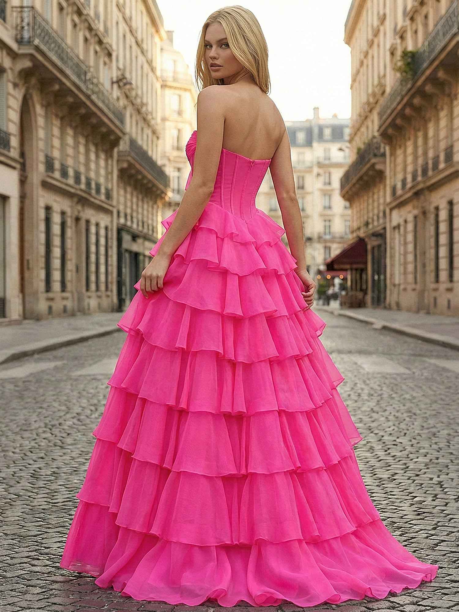 Hot Pink Strapless Prom Dress With Tiered Ruffles And Corset Bodice Slit