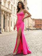 Hot Pink Satin Corset Prom Dress With Sweetheart Neckline And High Slit