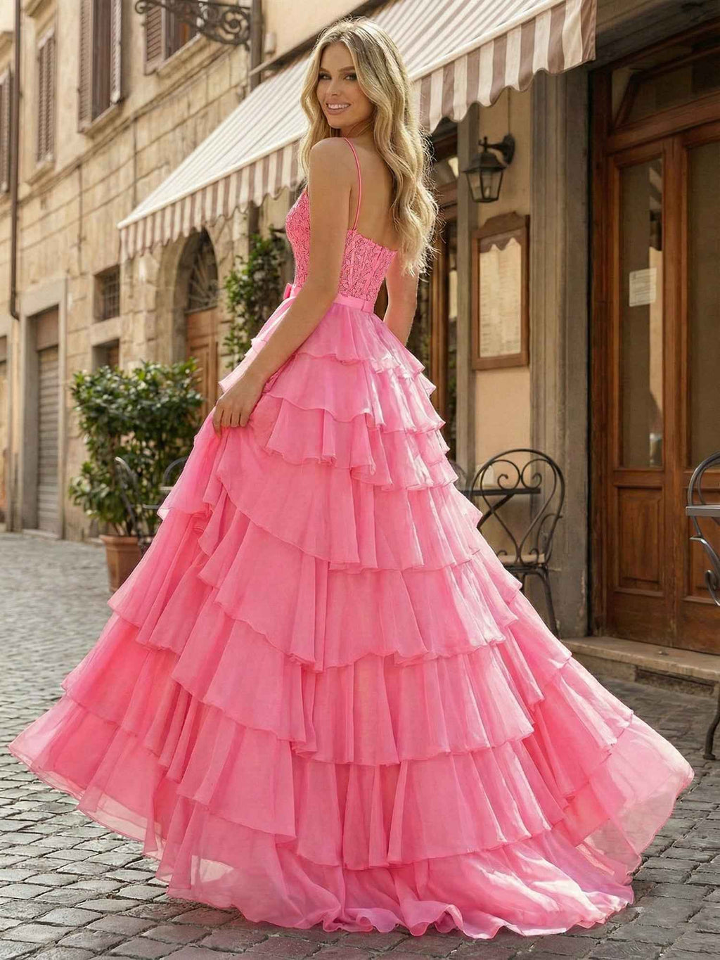 Hot Pink Tiered Ruffle Corset A-Line Prom Dress with Slit