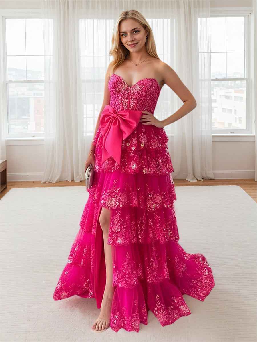 Hot Pink Tiered Sequin Ruffle Prom Dress With Oversized Satin Bow And Slit