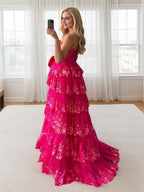 Hot Pink Tiered Sequin Ruffle Prom Dress With Oversized Satin Bow And Slit