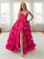 Hot Pink Tiered Sequin Ruffle Prom Dress With Oversized Satin Bow And Slit