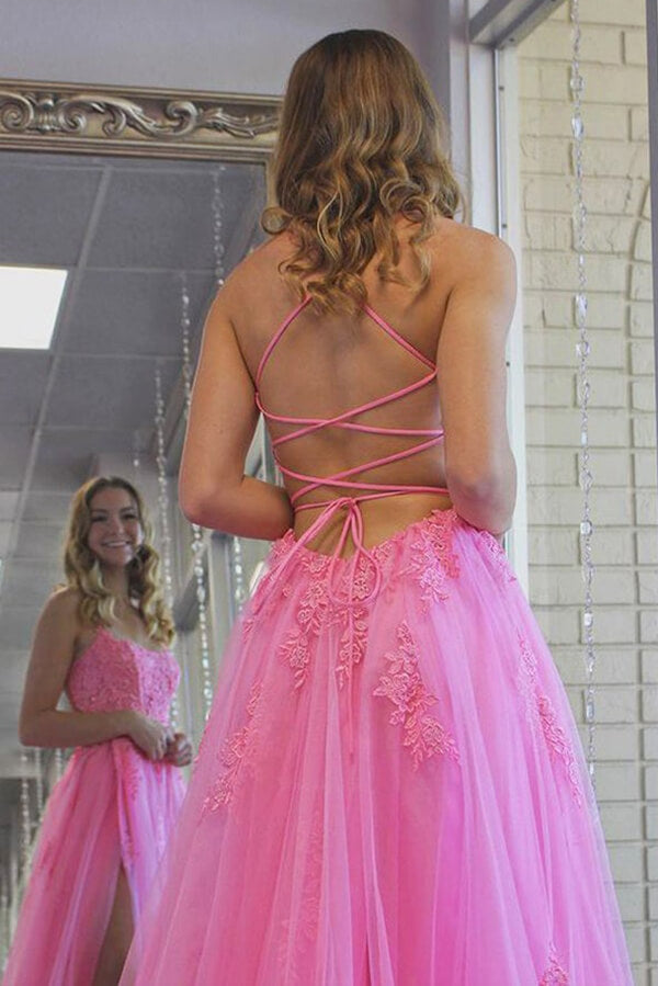 Tulle Split Long Prom Dresses, Evening Dress With Lace Appliques