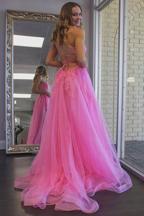 Tulle Split Long Prom Dresses, Evening Dress With Lace Appliques