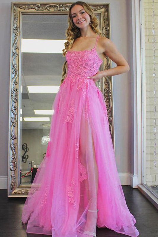 Lange Ballkleider aus Tüll mit Schlitz, Abendkleid mit Spitzenapplikationen