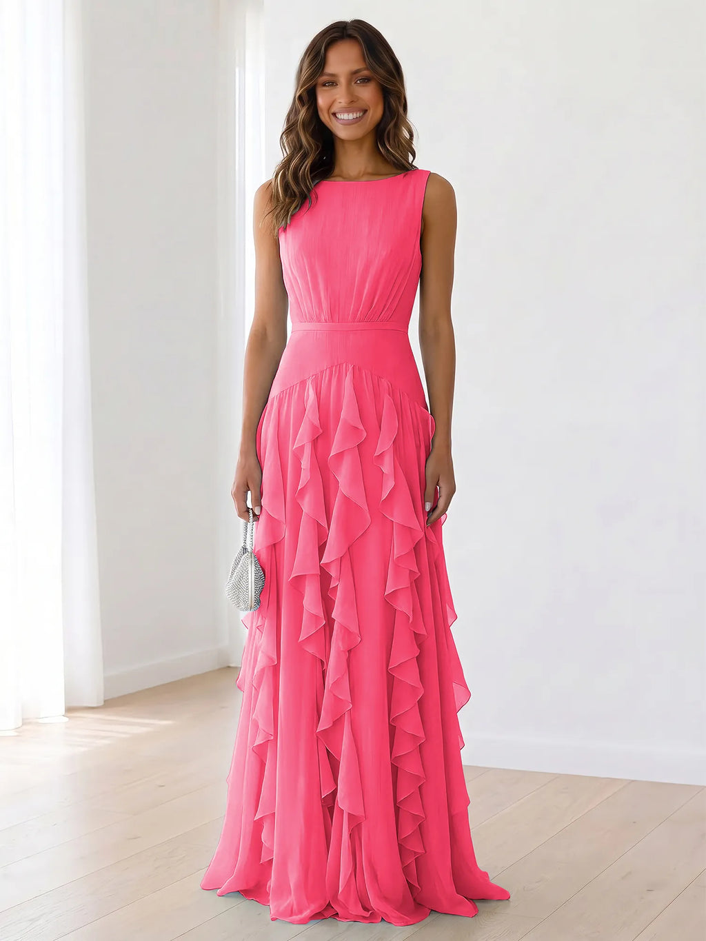 Sky Blue Tiered Chiffon Evening Maxi Dress With Ruched Bodice