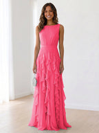 Sky Blue Tiered Chiffon Evening Maxi Dress With Ruched Bodice