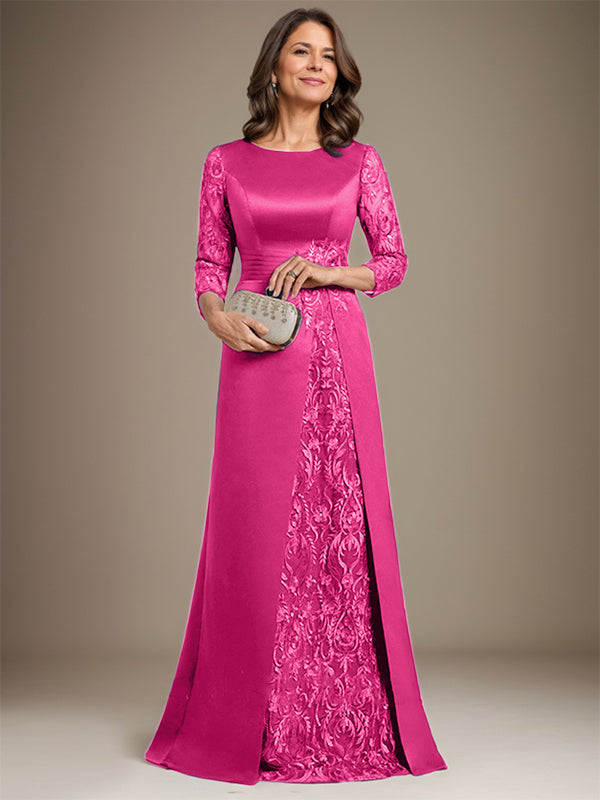 A-Line Scoop Floor-Length Lace Satin Mother Of the Bride Dress With Applique