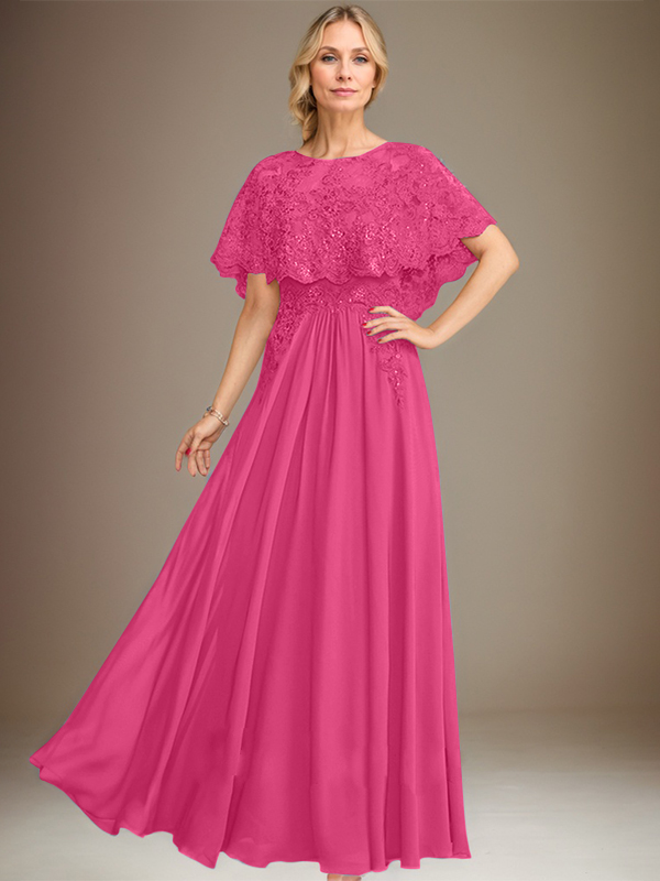 Robe de mère de la mariée en mousseline de soie à dentelle, longueur au sol, en ligne A, col bateau, ornée d'appliques à paillettes