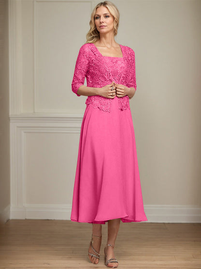 A-Linie Quadratisches Wadenlanges Chiffon-Spitzenkleid für die Brautmutter mit Pailletten und Perlen 