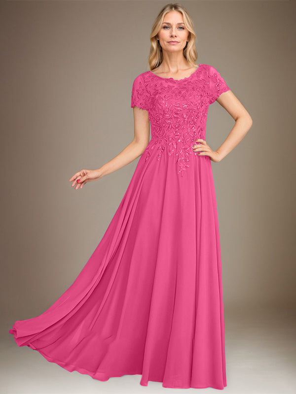 Robe de mère de la mariée en mousseline, longueur au sol, coupe en A, décolleté arrondi, ornée d'appliques et de paillettes
