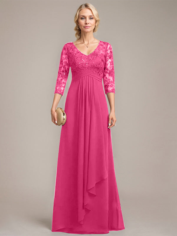 Vestido de madre de la novia de gasa con encaje, escote en V, largo hasta el suelo, con volantes en cascada y lentejuelas 