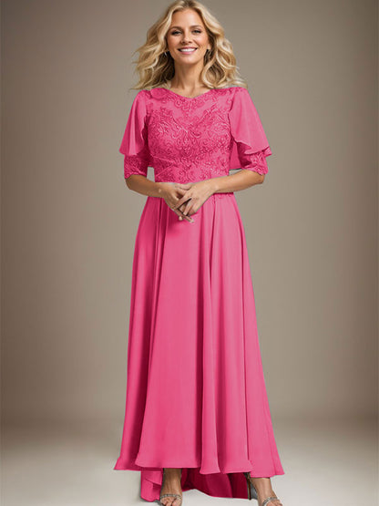 A-Linie U-Ausschnitt Illusion Asymmetrisch Chiffon Spitze Mutter der Braut Kleid mit Perlen 