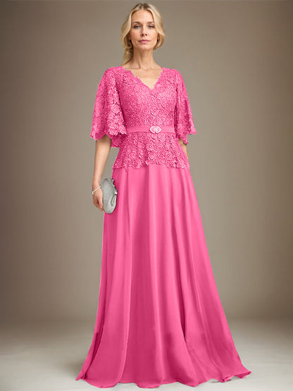A-Linie V-Ausschnitt Bodenlang Chiffon Spitze Mutter der Braut Kleid Mit Kristall Brosche Strass 