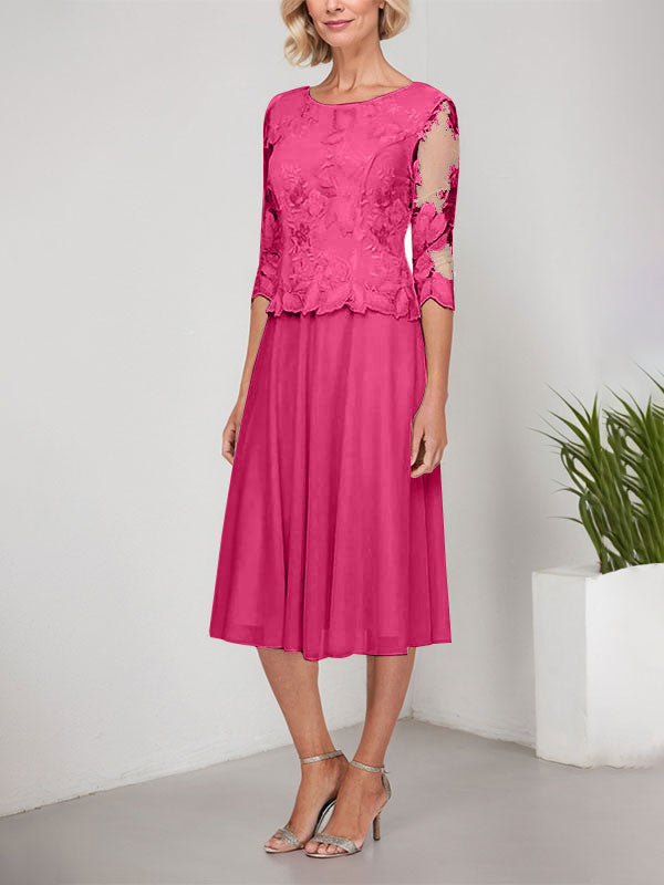 A-Linie U-Ausschnitt Wadenlang Spitzen Chiffon Mutter der Braut Kleid mit Stickerei 