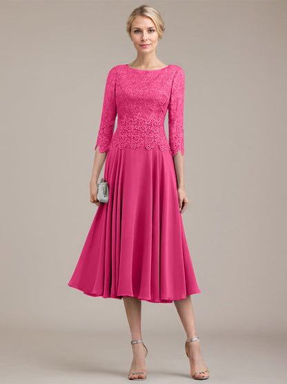 A-Linie U-Ausschnitt Wadenlang Chiffon-Kleid für die Brautmutter 