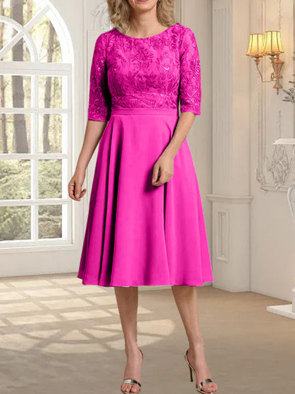 A-Linie U-Ausschnitt Knielang Chiffon Spitzenkleid für die Brautmutter