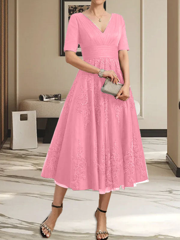 A-Linie V-Ausschnitt Wadenlanges Tüll-Spitzenkleid für die Brautmutter mit Plissee