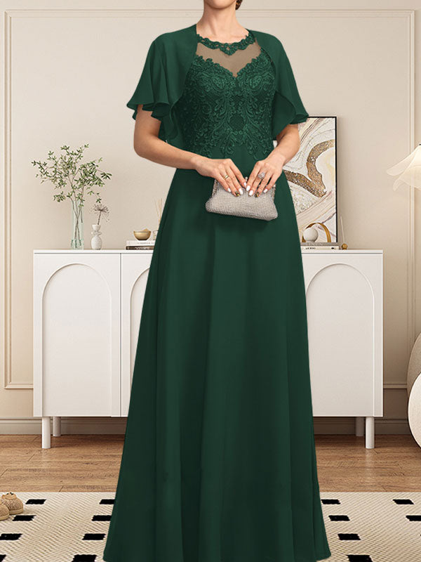 A-Linie, U-Ausschnitt, Illusion, bodenlanges Spitzen-Chiffon-Kleid für die Brautmutter mit Pailletten