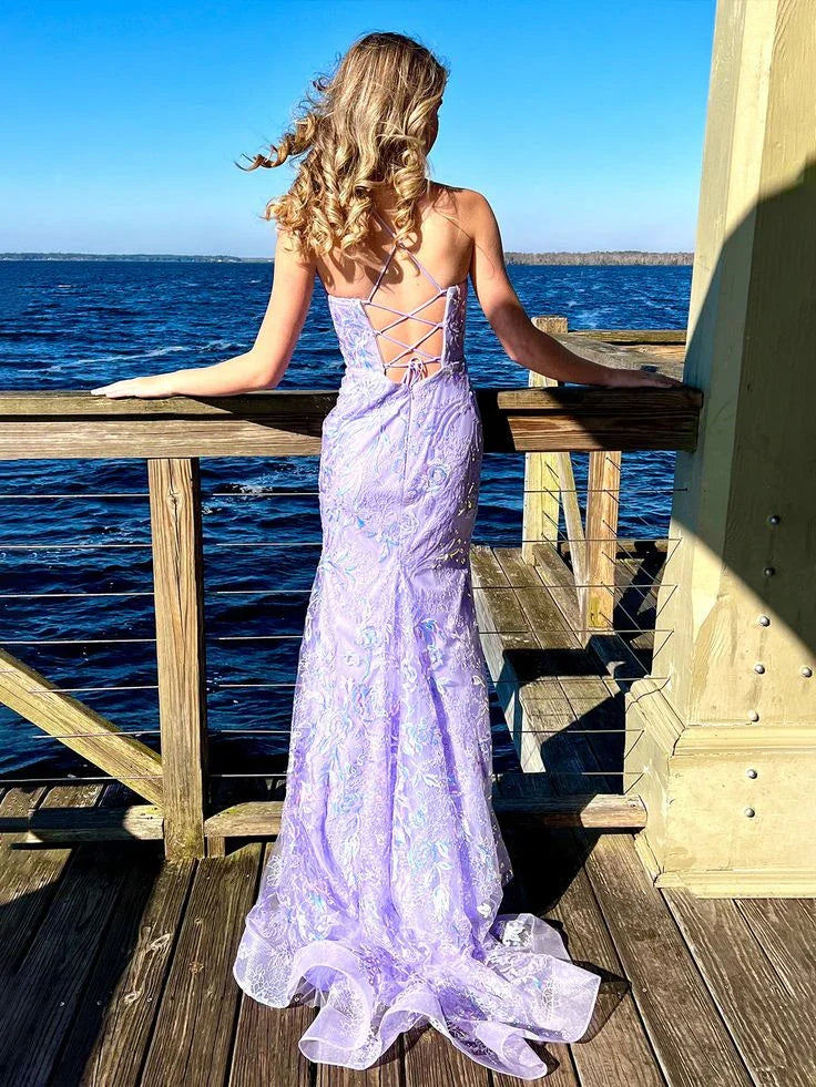 Vestido Longo de Baile e de Noite com Alças de Espaguete, Renda Lilás e Lantejoulas, Modelo Sereia Encantadora Y8235