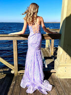 Vestido Longo de Baile e de Noite com Alças de Espaguete, Renda Lilás e Lantejoulas, Modelo Sereia Encantadora Y8235