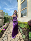 Vestido largo de noche para baile de graduación de satén con cuello corazón morado elegante Y7908