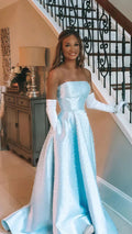 Bellissimo vestito da festa di compleanno senza spalline, azzurro chiaro, decorato con perle, abito formale da ballo serale Y8120